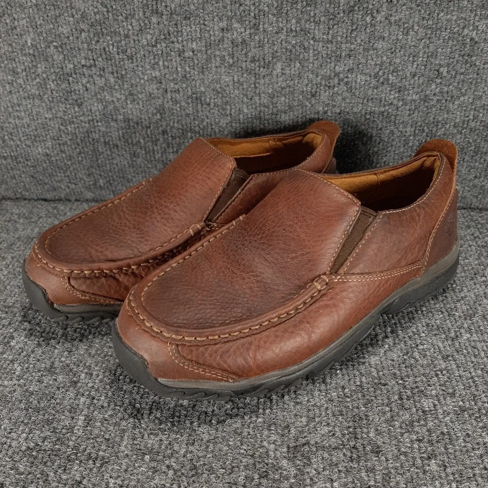 Timberland Slip On Loafers Mens 5.5 Brown Leather Round Moc Toe Shoes Casual